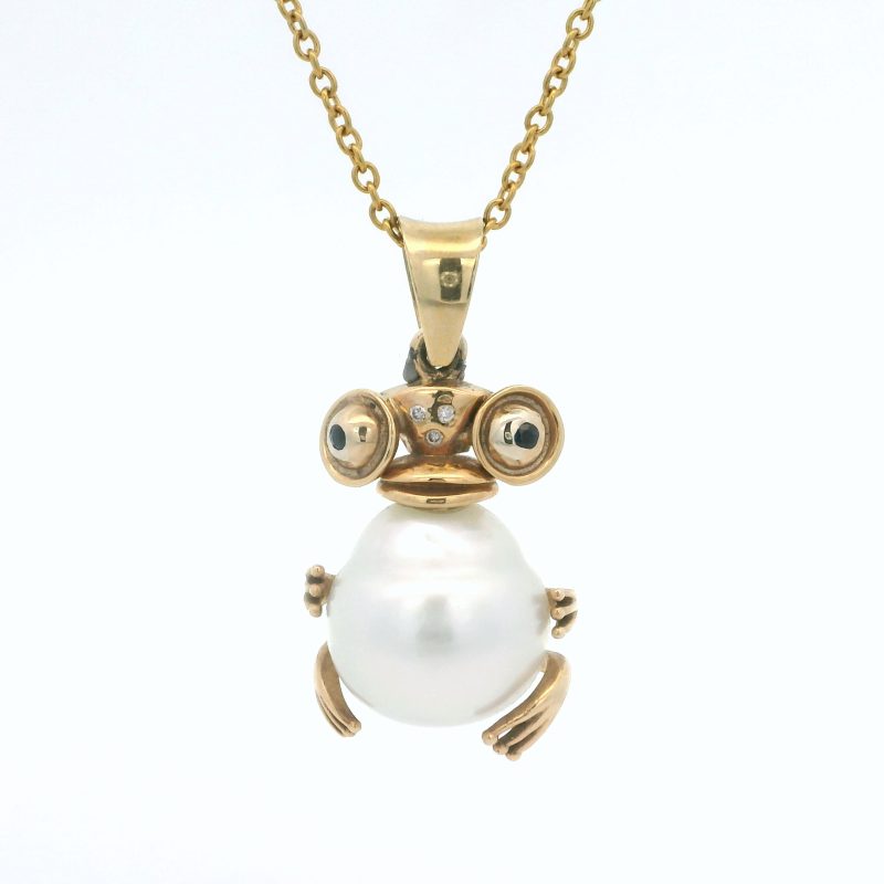 Leon Bakers 9K Yellow Gold Broome Pearl with Diamonds and Blue Sapphire Handmade Mr. Frog_0