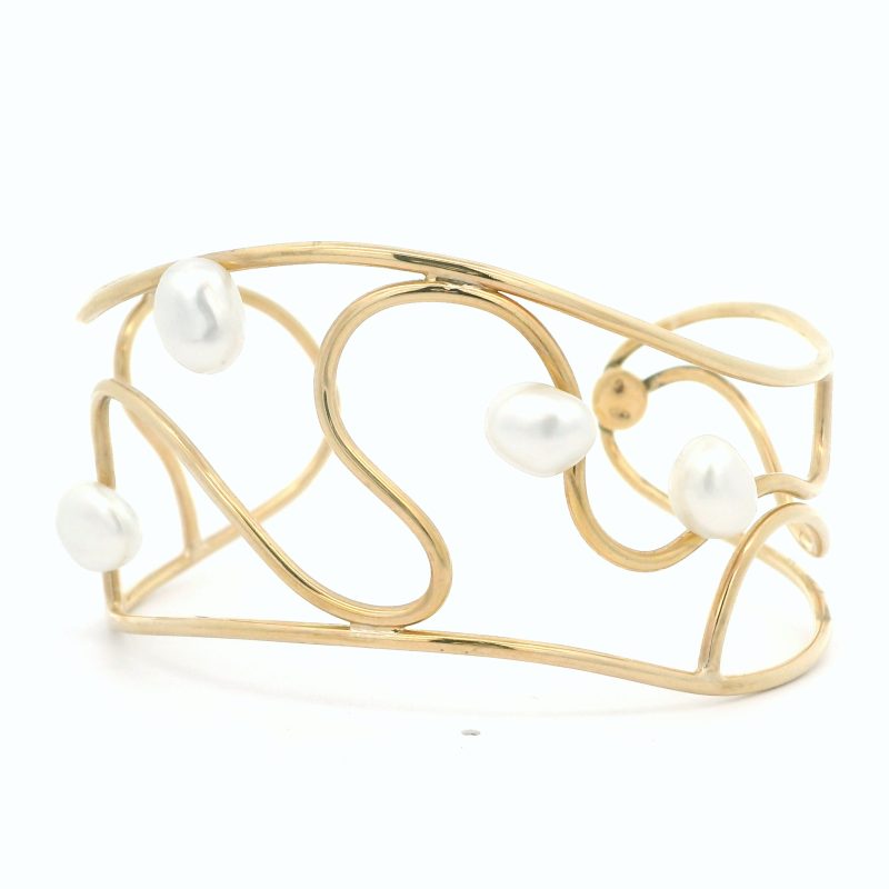 Coral Bay Collection 9K Yellow Gold Twist Cuff Bangle with 4x Broome Keshi Pearls_0